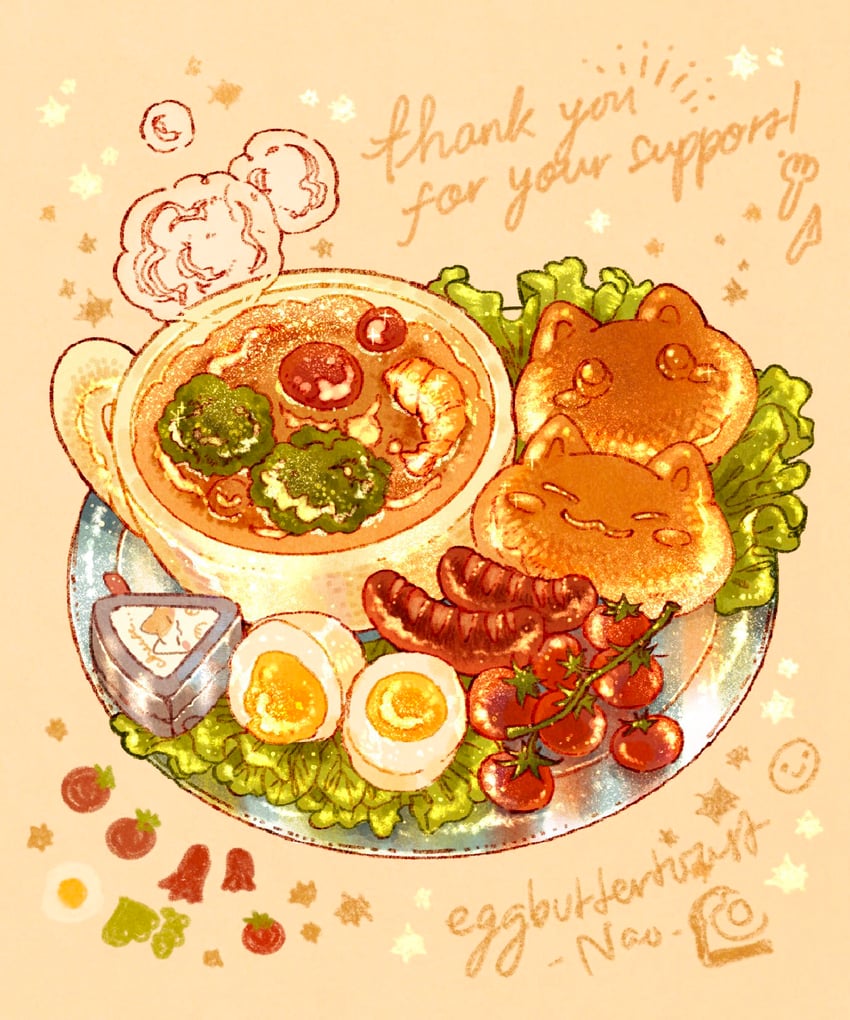 原创 动物主题食物 面包 西兰花 棕色背景 猫