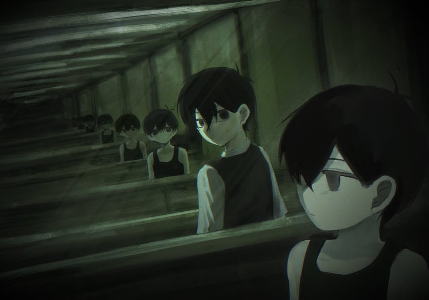 OMORI、Omori (OMORI)、Sunny (OMORI) 2个男孩 呆毛 黑色毛衣背心 黑色背心 闭嘴