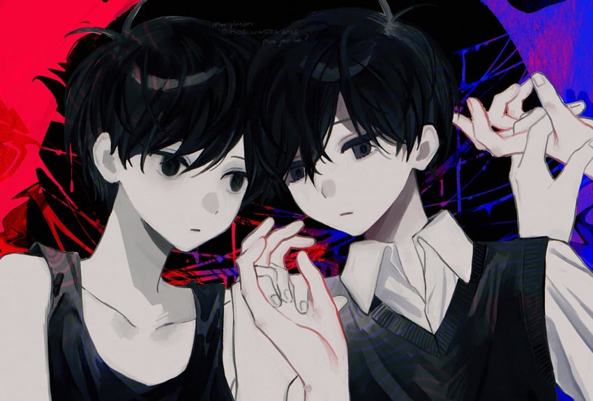 OMORI、Omori (OMORI)、Sunny (OMORI) 2个男孩 呆毛 黑瞳 黑发 黑色毛衣背心