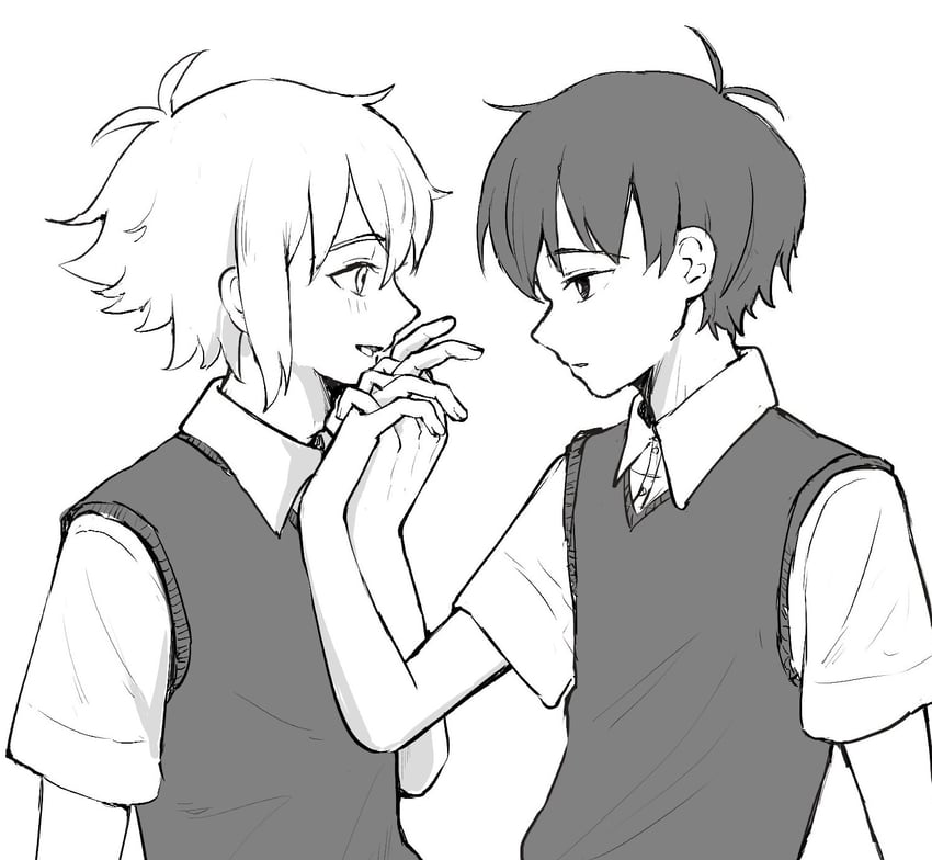 OMORI、Basil (OMORI)、Basil (OMORI) 2个男孩 呆毛 脸红 亮瞳 有领衬衫