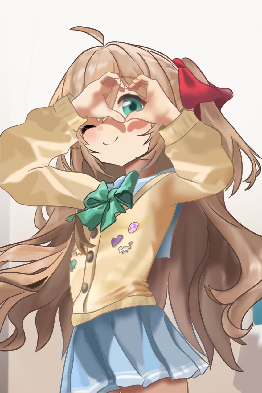 Vedal AI、Neuro-sama、Neuro-sama (第一套服装) 1名女孩 呆毛 举起双手 徽章 蓝眼