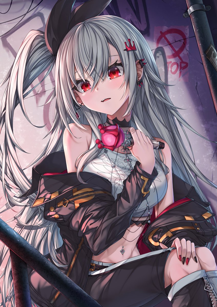 Hololive、hololive DEV_IS、猪崎理央那 1名女孩 小巷 黑色蝴蝶结 黑色夹克 黑色指甲