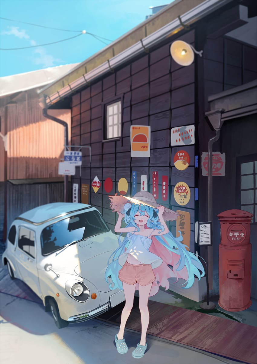 原创 1名女孩 裸臂 黑色丝带 蓝发 蓝色鞋子