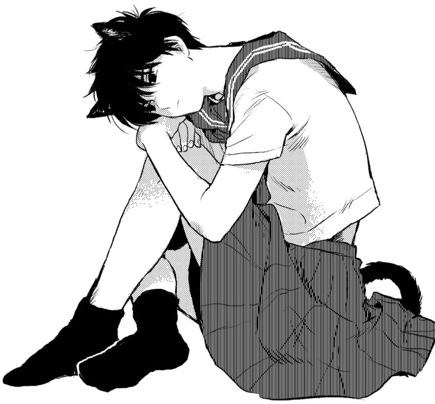 原创 黑发 猫耳少年 灰度 单色 在地板上