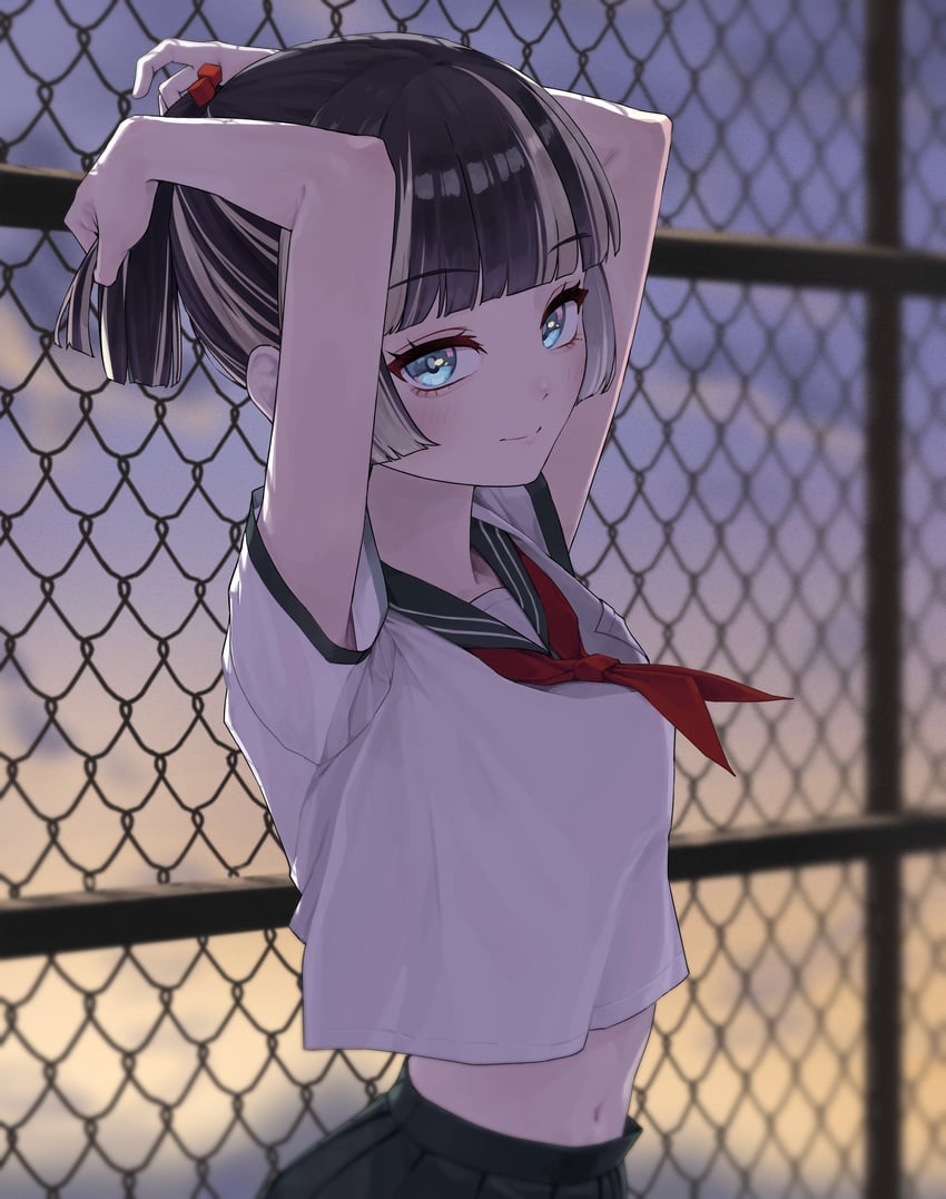 Hololive、hololive DEV_IS、儒乌风亭螺钿 1名女孩 水色瞳 举起双手 黑色水手领 黑色裙子