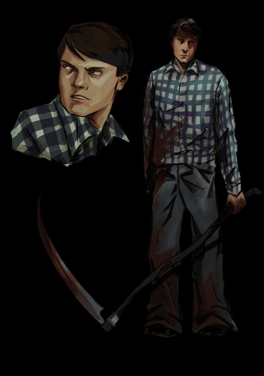 harvester (video game)、steve mason 1名男孩 黑色背景 血 衣服上的血迹 武器上有血