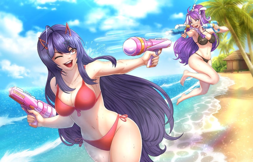 个人势虚拟主播、Akuma Nihmune、悪魔新娘 (休闲) 2名女孩 呆毛 屁股 海滩 比基尼