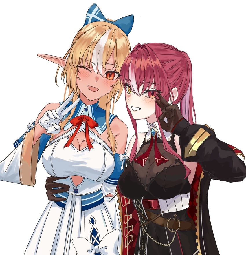 Hololive、宝钟玛琳、宝钟玛琳 (管乐队) 2名女孩 :D 腰带 黑色夹克 黑色紧身连体衣