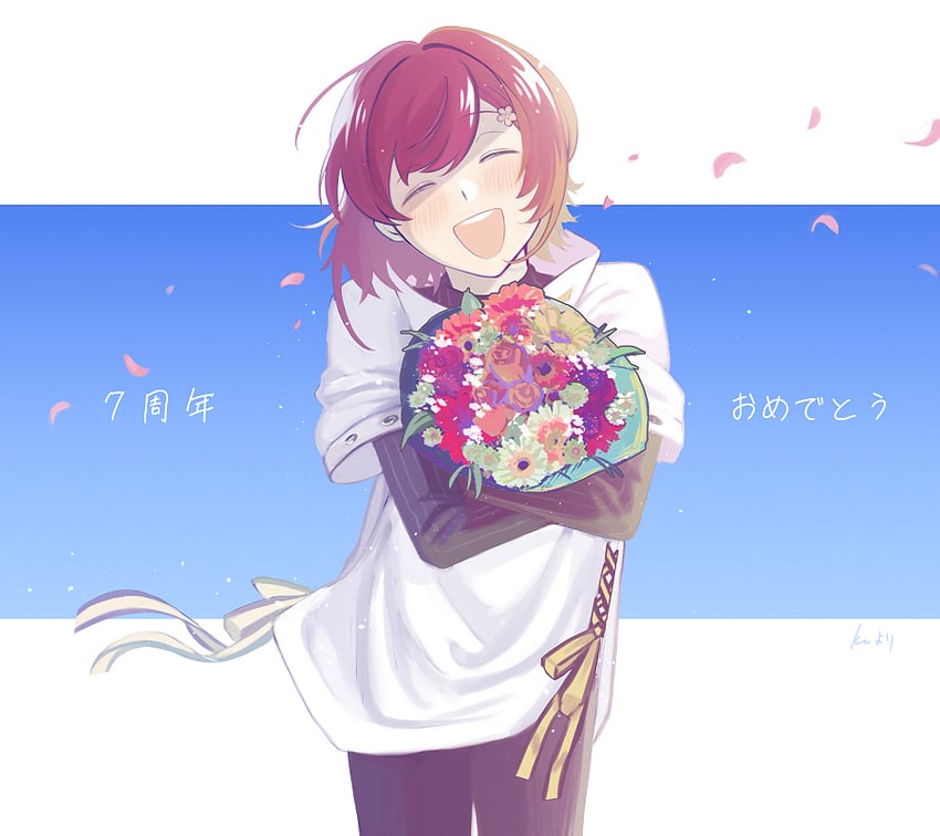 HOLOSTARS、花咲雅 1名男孩 周年纪念 黑衬衫 脸红 花束