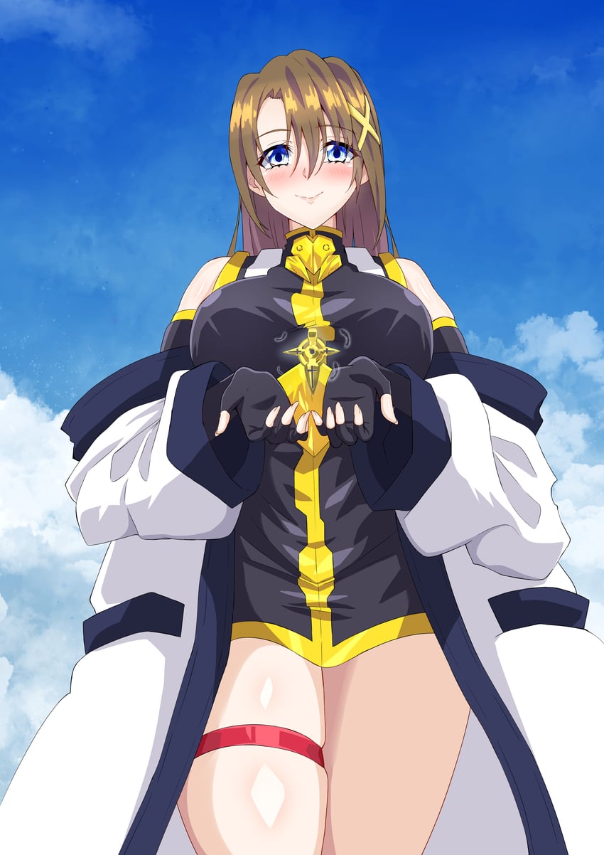 魔法少女奈叶、魔法少女奈叶StrikerS、旭日之心 1名女孩 露肩 黑色手套 蓝眼 蓝天