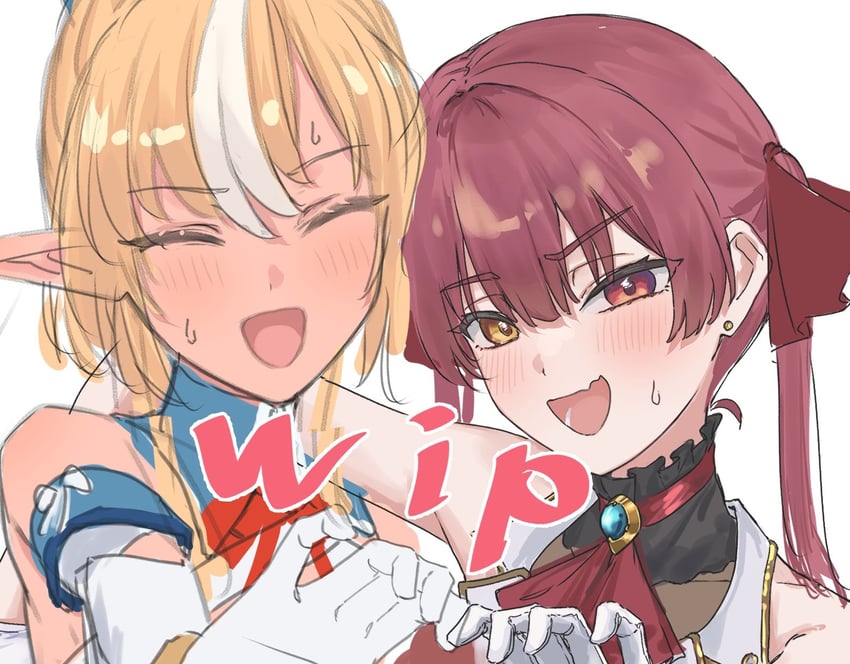 Hololive、宝钟玛琳、宝钟玛琳 (第一套服装) 2名女孩 :D 阿斯科特领巾 露肩 黑色项圈