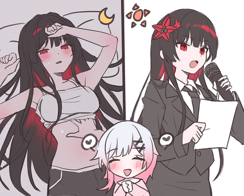 魔法少女的小镇审判、二阶堂博、樱庭绘麻 露肩 黑发 黑色领带 黑色短裤 黑色裙子