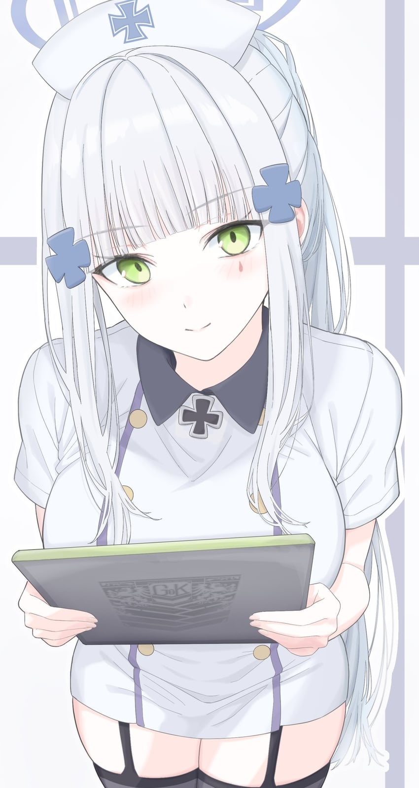 少女前线、HK416 (少女前线) 1名女孩 替换服装 脸红 乳房 纽扣