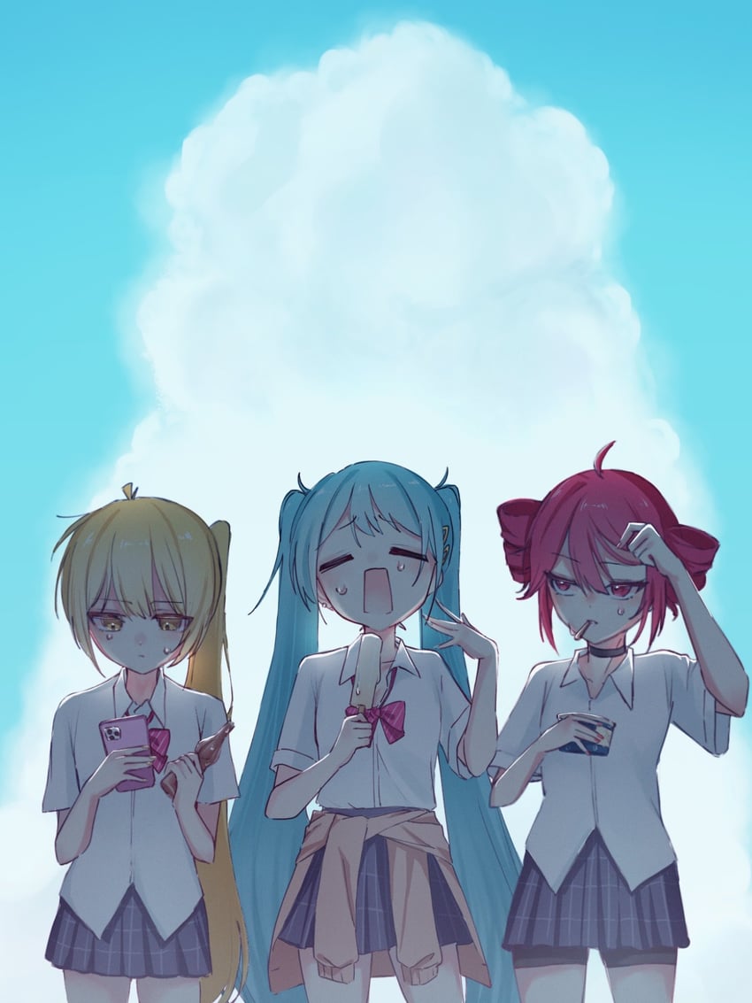 UTAU、VOCALOID、亚北音留 3人女子 呆毛 水色发 骑行裤 裙下安全裤