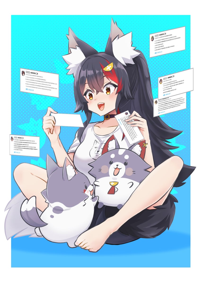Hololive、Miofa、大神澪 1名女孩 兽耳毛 兽耳 赤脚 黑色项圈