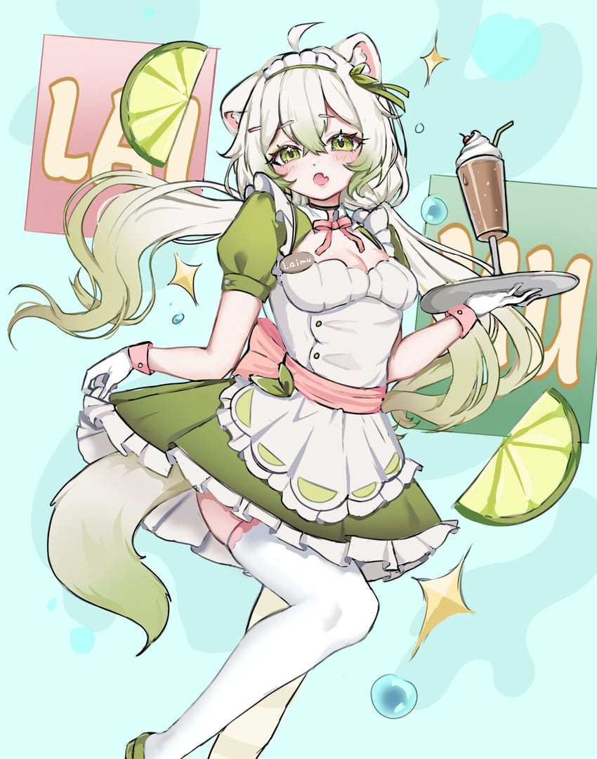 个人势虚拟主播、Vinesauce、Limealicious 1名女孩 呆毛 兽耳 围裙 蓝色背景