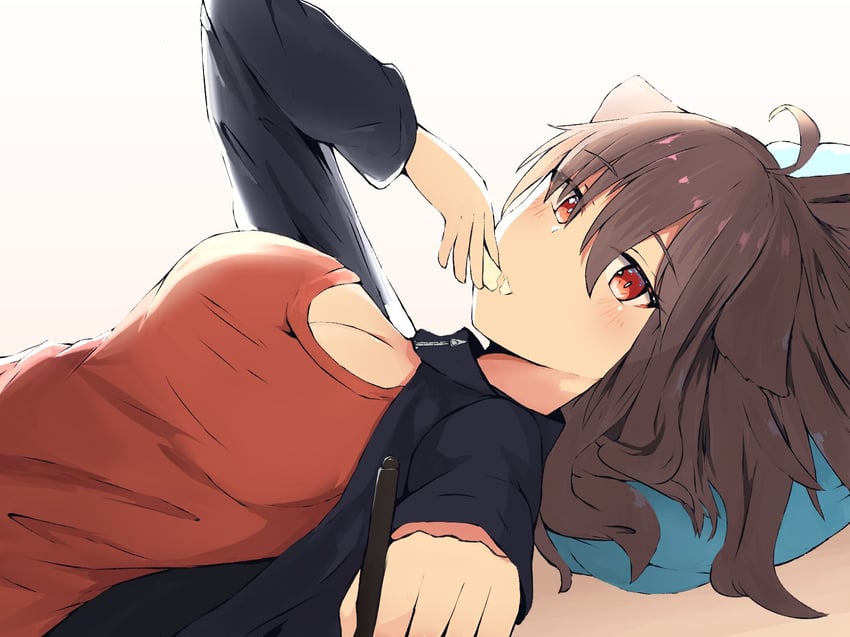原创 1名女孩 呆毛 兽耳 黑色夹克 脸红