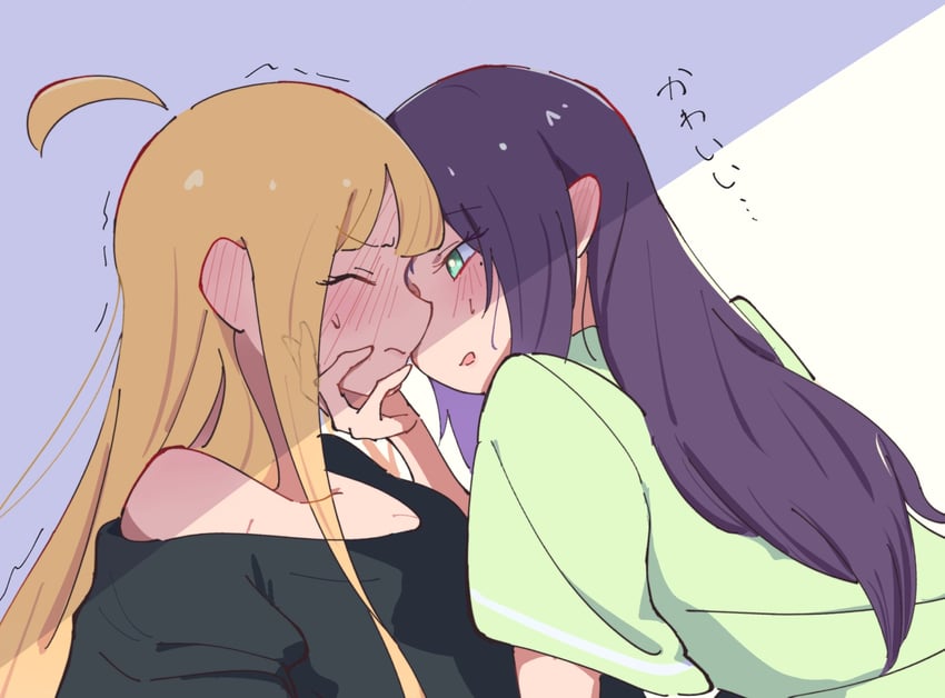 超辉夜姬!、辉夜 (超辉夜姬!)、坂寄伊吕波 2名女孩 呆毛 黑衬衫 金发 脸红