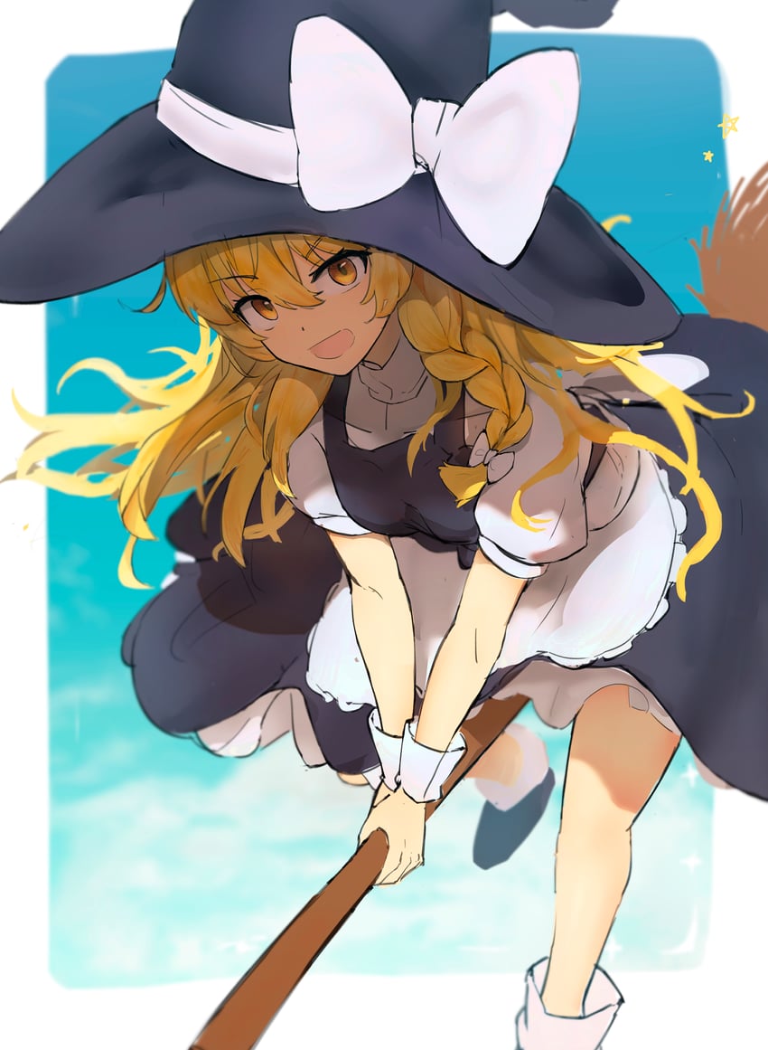 东方Project、雾雨魔理沙 1名女孩 围裙 黑帽子 黑色裙子 黑色马甲