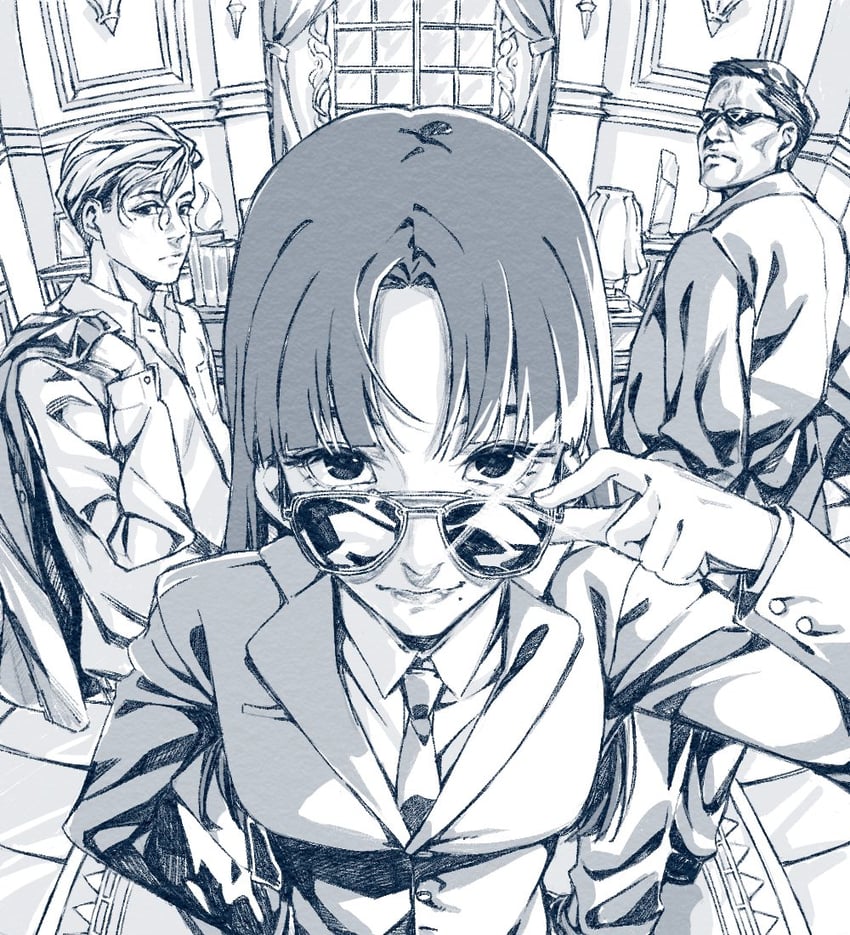 原创 1名女孩 2个男孩 调整眼镜 铠甲 乳房