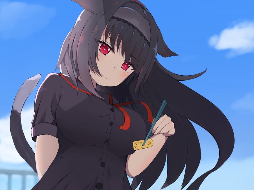 原创 1名女孩 兽耳 黑发 黑衬衫 蓝天