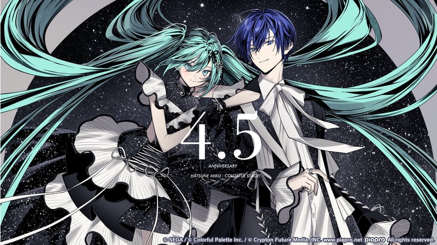 世界计划、VOCALOID、初音未来 1名男孩 1名女孩 荒谬的长发 周年纪念 水色瞳