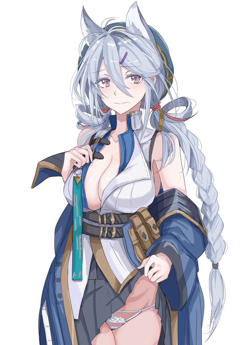 二次元插画 1名女孩 兽耳 露肩 腰带 黑色裙子