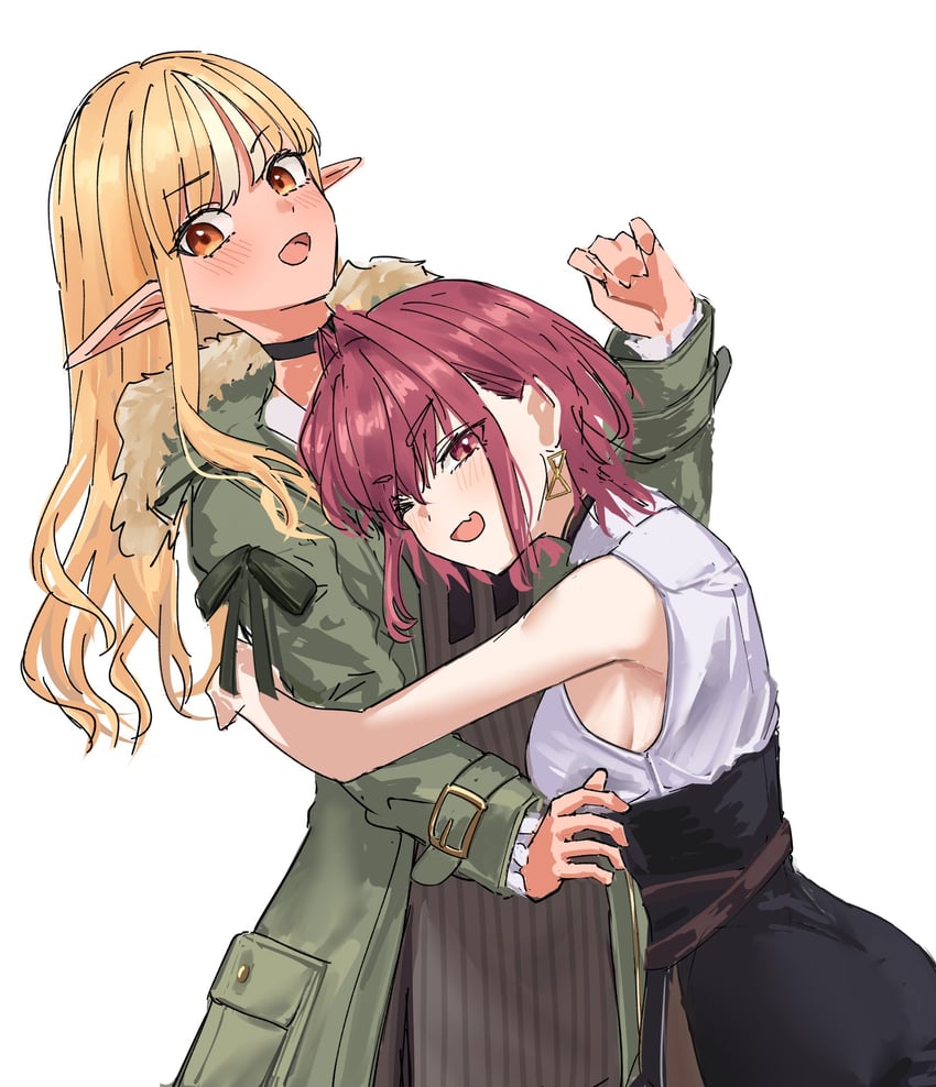 Hololive、宝钟玛琳、宝钟玛琳 (职场女性) 2名女孩 :D 不同发型 双手搂着他人的背 腰带