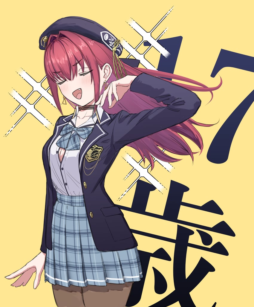 Hololive、宝钟玛琳、宝钟玛琳 (校服) 1名女孩 :D 举手 徽章 贝雷帽