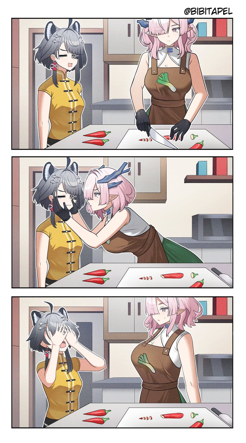 明日方舟、明日方舟：终末地、弥伏 (明日方舟) 2名女孩 三格漫画 呆毛 兽耳 围裙