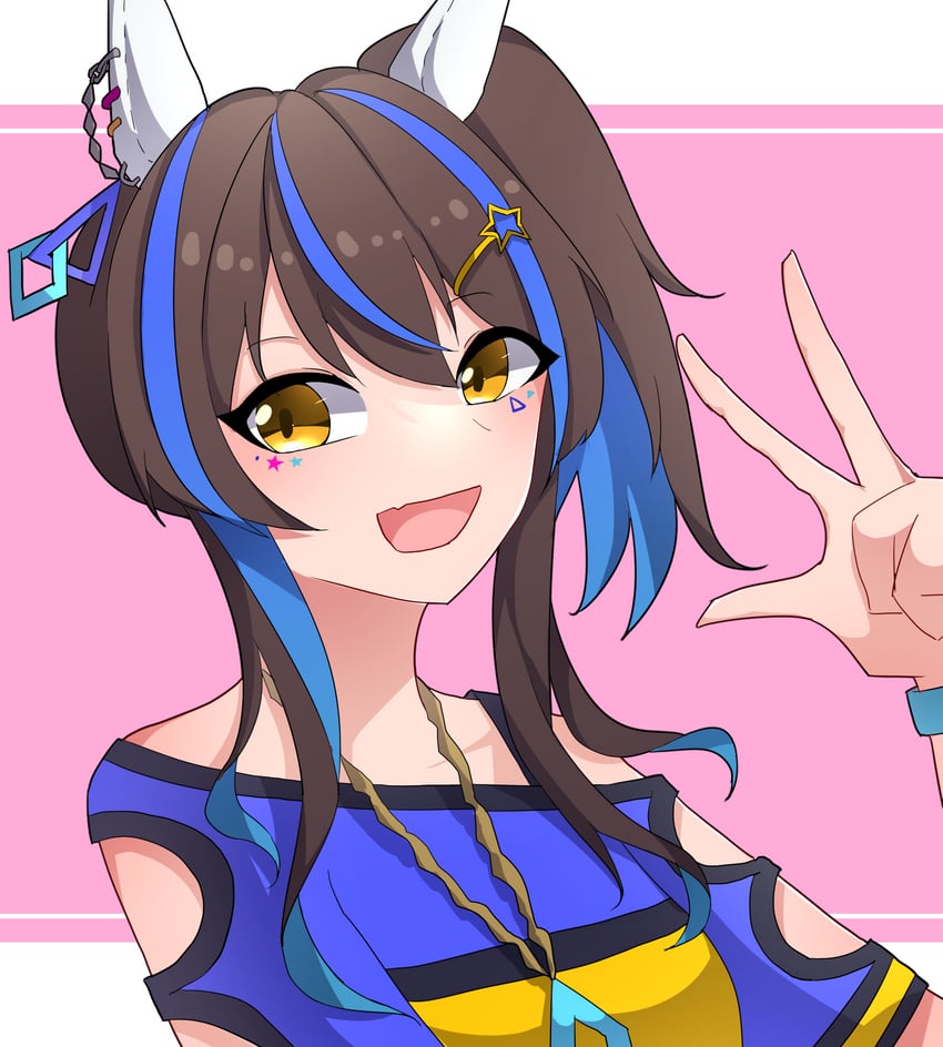 赛马娘、大泽太阳 (Fun Fun Party Night) (赛马娘)、大泽太阳 (赛马娘) 1名女孩 兽耳 蓝发 蓝色衬衫 脸红