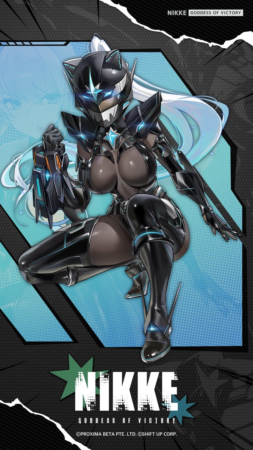 胜利女神：妮姬、ark ranger black (nikke) 1名女孩 黑色连体衣 黑色靴子 黑色手套 蓝发