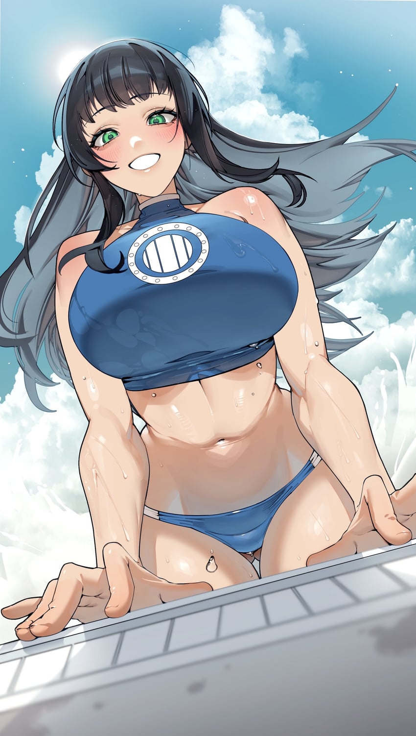 原创 1名女孩 大腿间可见臀部 比基尼 黑发 蓝色比基尼