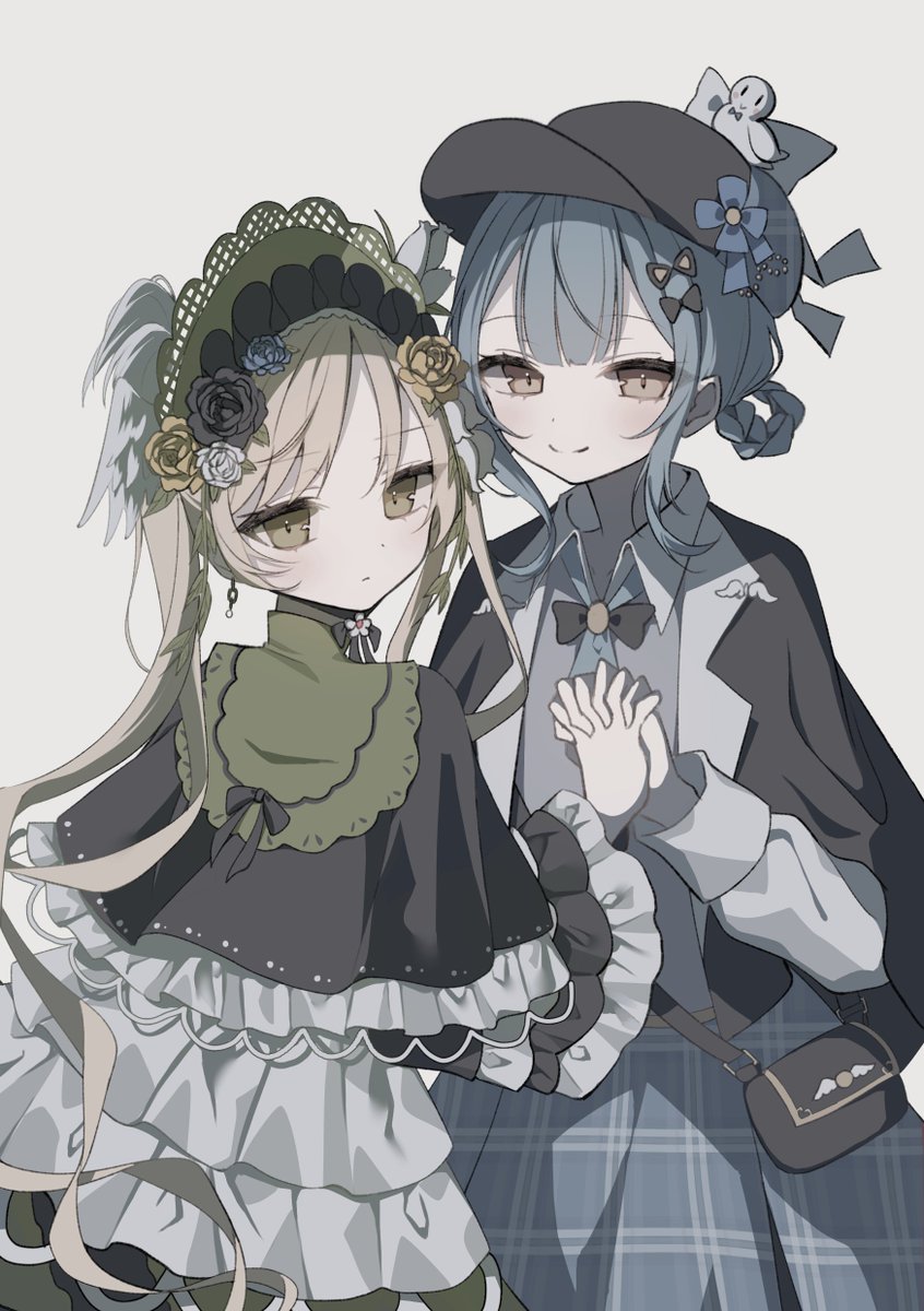 魔法少女的小镇审判、立花雪莉、外能范奈 2名女孩 帽子上的鸟饰 黑色背景 黑色蝴蝶结 黑色蝶形领结