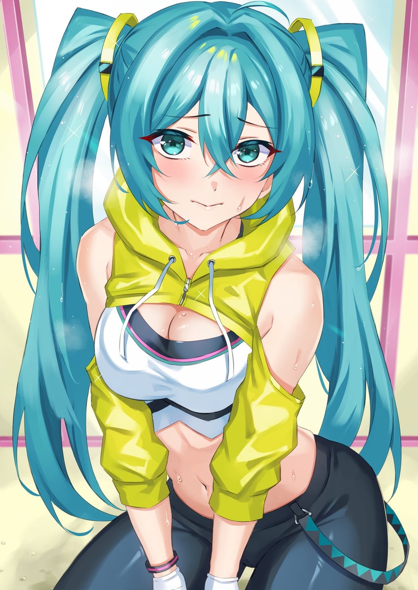 有氧拳击、健身拳击 feat. 初音未来：一起练习、VOCALOID 1名女孩 水色瞳 水色发 露肩 黑裤子