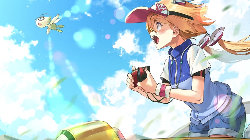 Hololive、宝可梦、宝可梦 金/银/水晶 1名女孩 金发 蓝眼 蓝色夹克 蓝色短裤