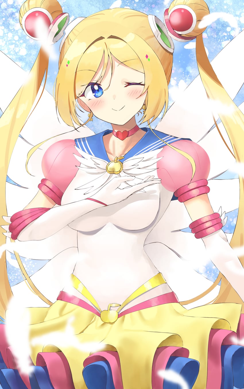 Hololive、亚绮·罗森塔尔、美少女战士 1名女孩 ;) 苹果胸针 手臂放在侧边 金发