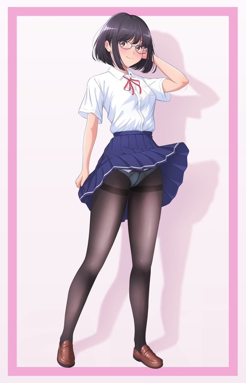 原创 1名女孩 黑瞳 黑发 黑色连裤袜 眼镜
