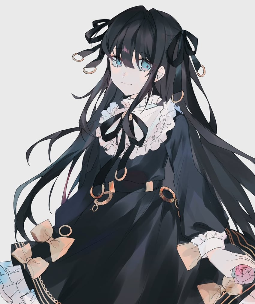 韵律源点 Arcaea、对立 (Arcaea)、对立（Axium）（音弧） 1名女孩 围兜领 黑色连衣裙 黑发 蓝眼