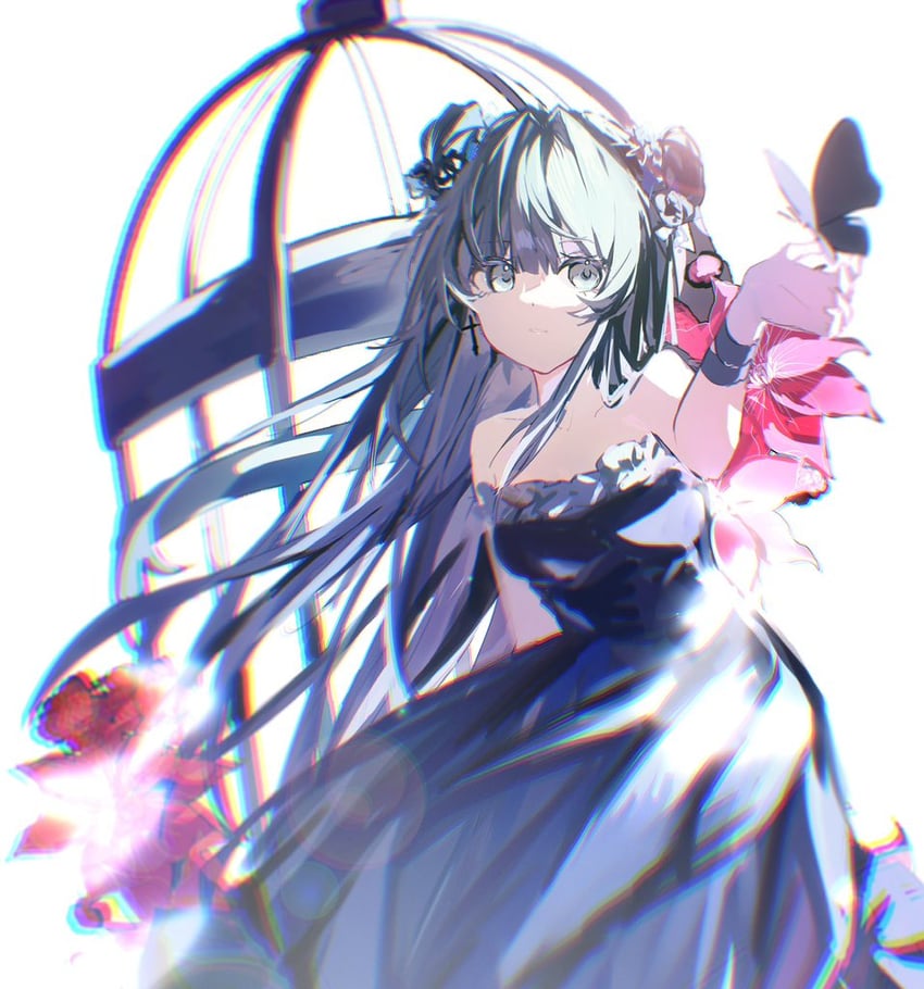 韵律源点 Arcaea、对立 (Arcaea) 1名女孩 替换服装 露肩 鸟笼 黑色连衣裙