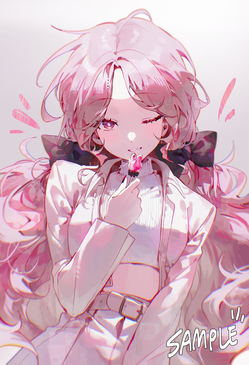 二次元插画 1名女孩 腰带 黑色蝴蝶结 脸红 蝴蝶结