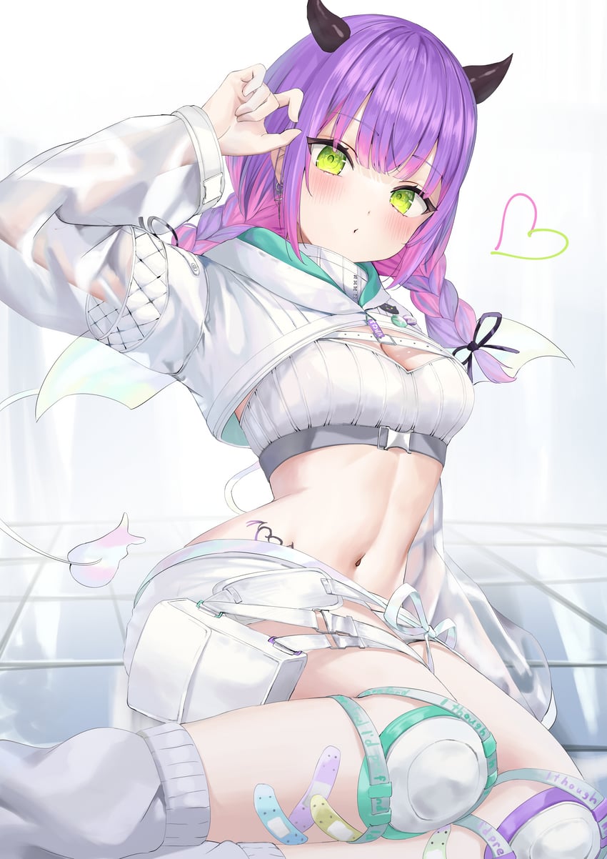 Hololive、常暗永远、常暗永远 (赛博朋克形态) 1名女孩 举手 创可贴 腿上的创可贴 抹胸