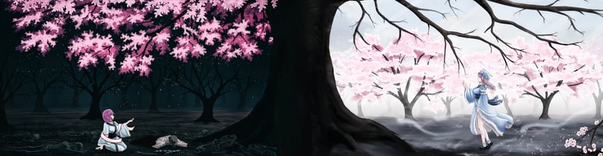 东方Project、西行妖、西行寺幽幽子 2名女孩 枯树 黑鞋 蓝帽子 蓝色和服