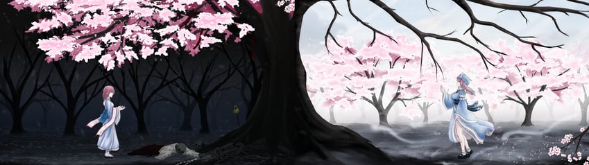 东方Project、西行妖、西行寺幽幽子 2名女孩 后背蝴蝶结 枯树 黑鞋 蓝色蝴蝶结