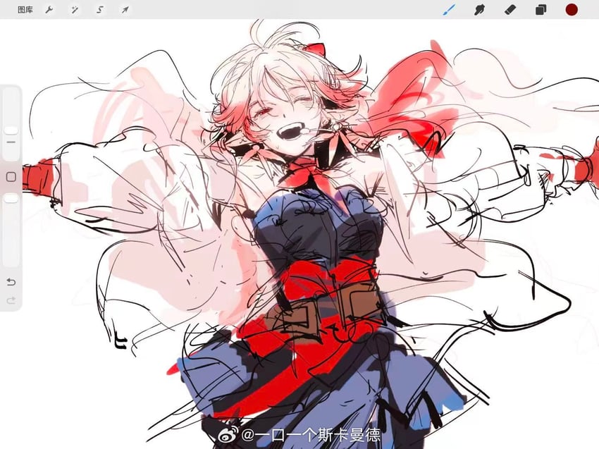 明日方舟、榛果 (明日方舟) 1名女孩 画框中的绘图软件 蓝色连衣裙 蝴蝶结 乳房