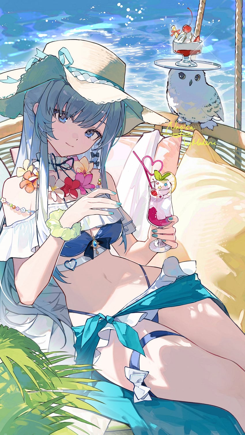 原创 1名女孩 比基尼 鸟 蓝色比基尼 蓝眼
