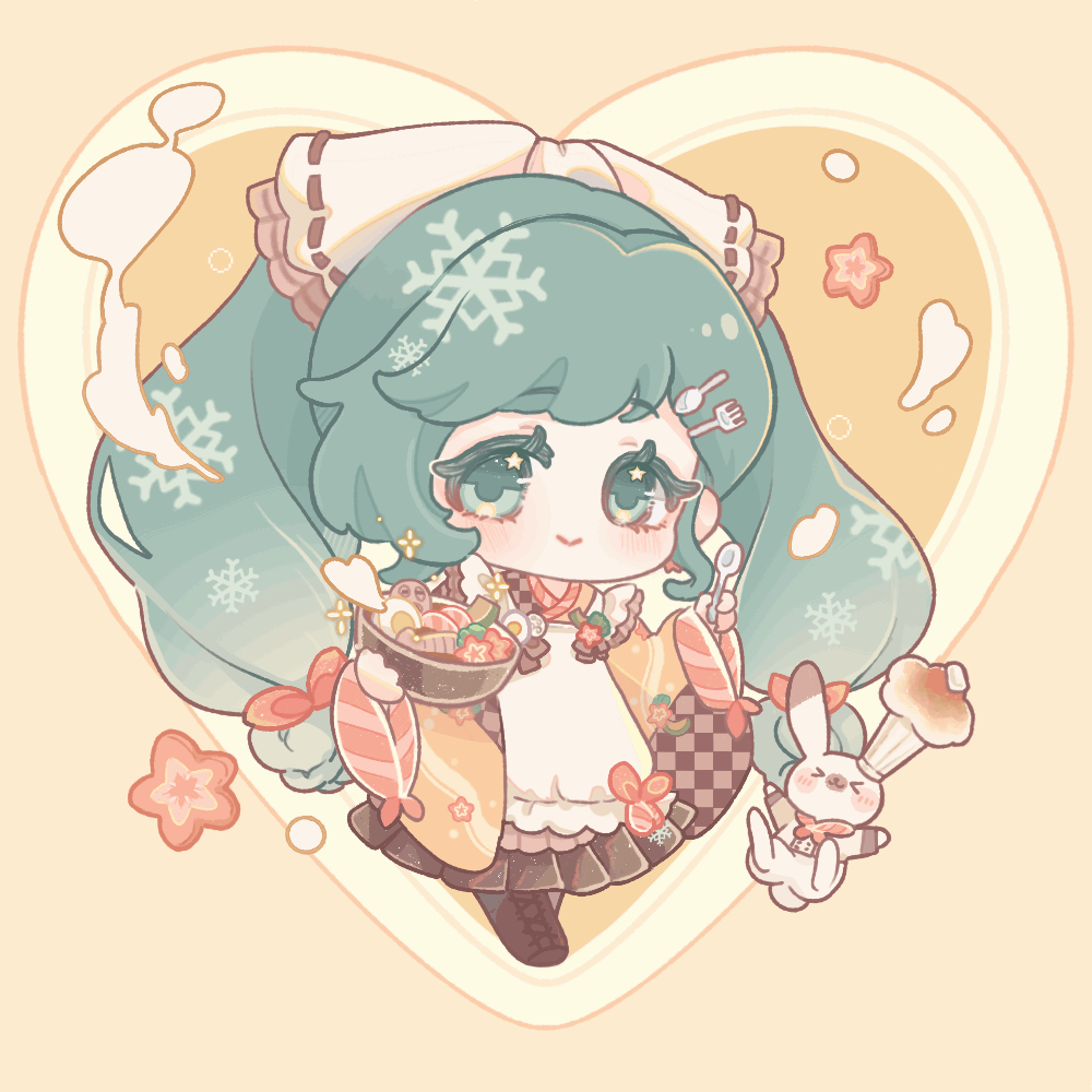 VOCALOID、初音未来、雪音兔 1名女孩 闭眼挤眼 动物 围裙 水色瞳
