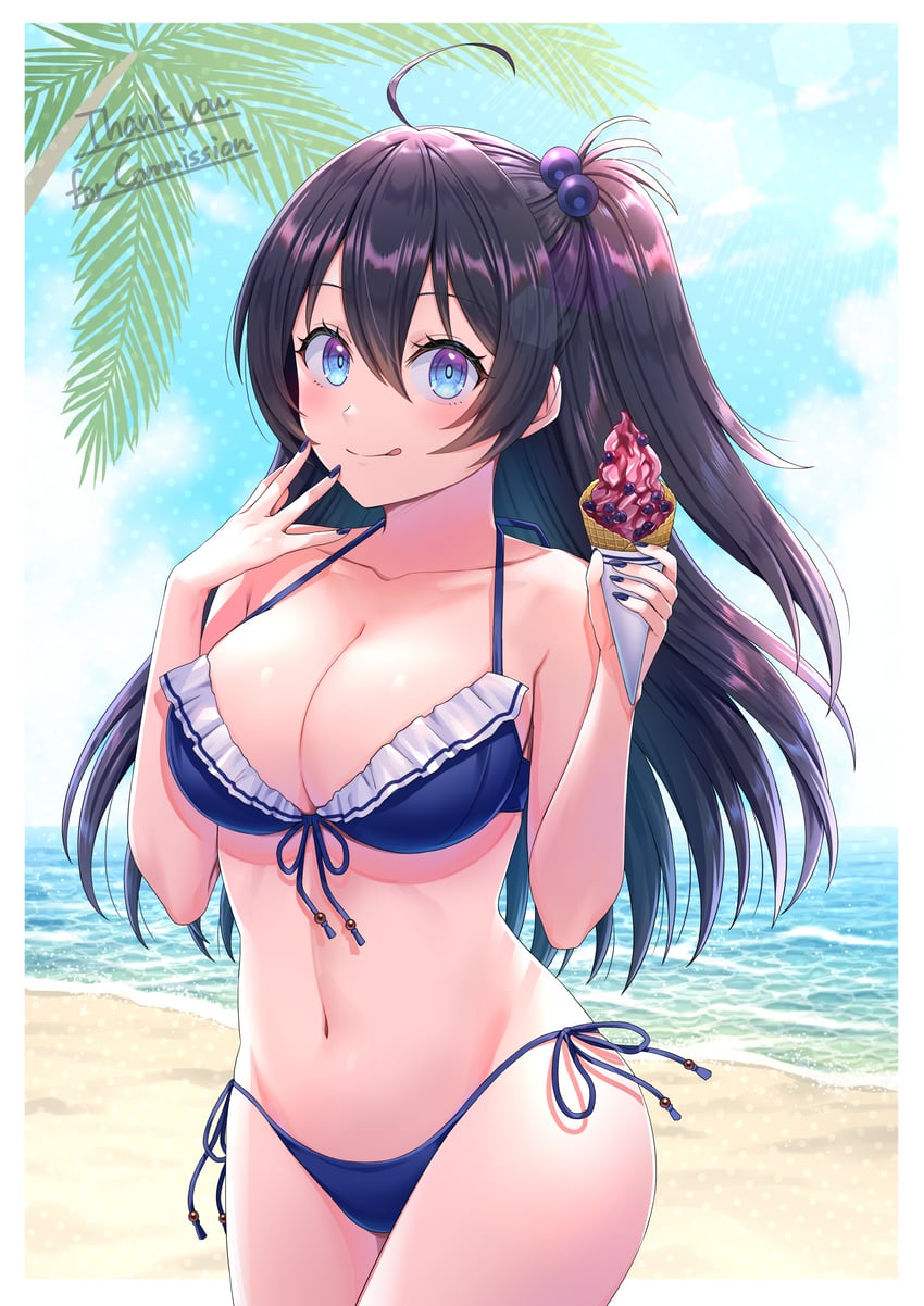 原创 1名女孩 呆毛 海滩 比基尼 黑发