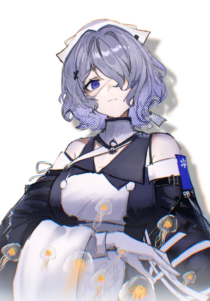 明日方舟、絮雨 (明日方舟) 1名女孩 露肩 黑色连衣裙 蓝眼 露肩袖