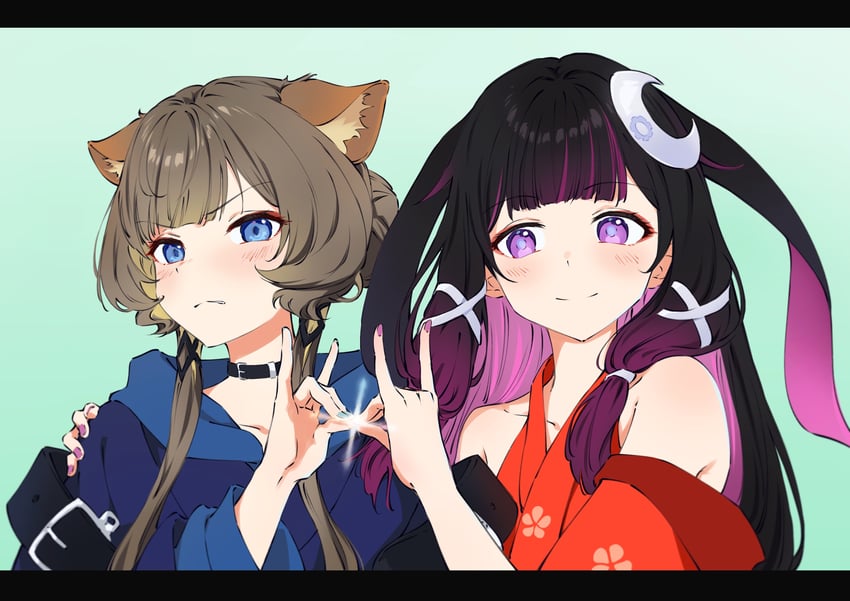 超辉夜姬!、原神、哥伦比娅 (原神) 2名女孩 兽耳 黑发 蓝眼 蓝色连帽衫